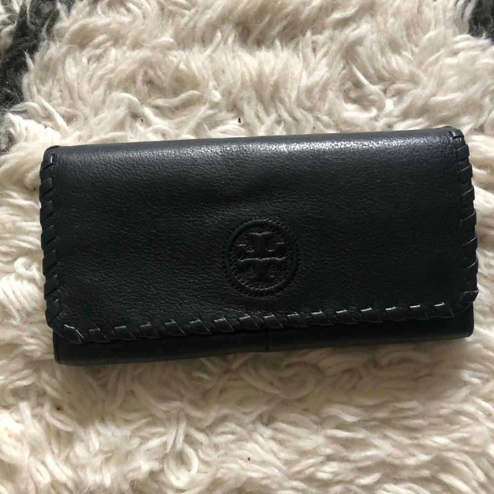 Black Leather Tory Burch Fold Over Wallet